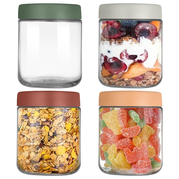 4-pakning 16 OZ overnatthavregryteglass, glasskrukker med lokk til overnatthavre, salat, frukt, yoghurt, syltetøy, beholder gjenbrukbare masonkrukker med tetningslokk