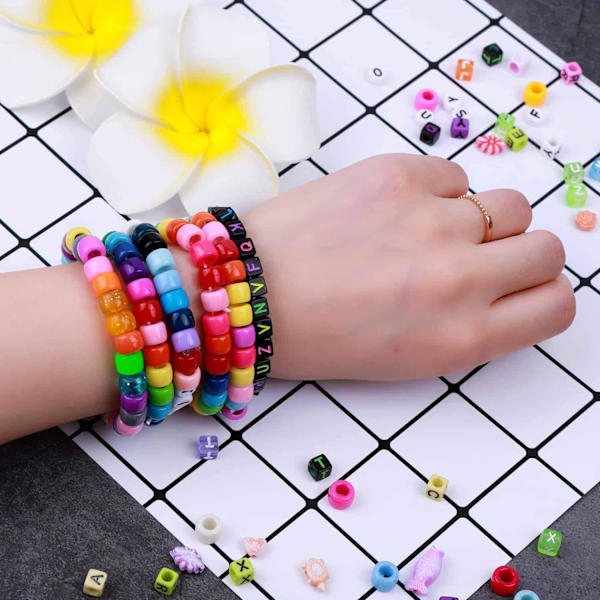 Pony Beads för smyckestillverkning, Shynek Craft armbandspärlor gör-det-själv-kit med ponnyakryl pärlor bokstavspärlor och 10 rullar färgglada elastiska armband Rainbow S