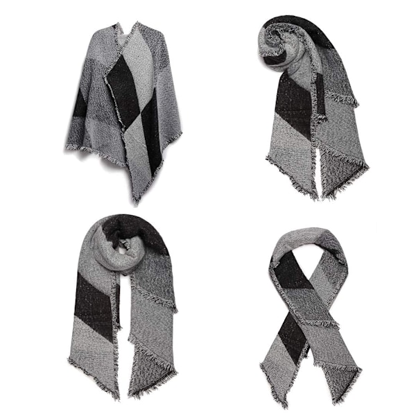 Sjal för Kvinnor Vinter Lång Mjuk Varm Rutiga Sjal Wraps Ull Spinnande Tofs Stor Sjal Lång Stole Black