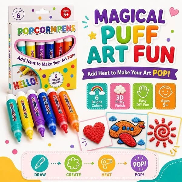 3D Magic Popcorn Pens - Puffy tegnetusser til kunst, hobby og skoleprojekter - 3 stk.
