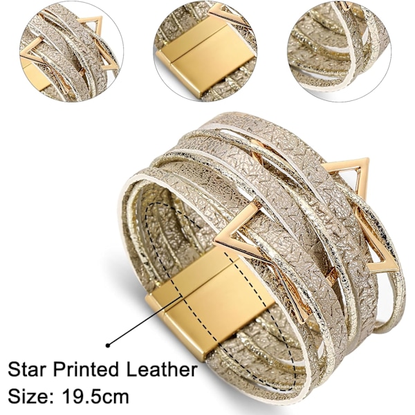 Leopardarmband för kvinnor, Boho läderomslag flerskikts pärla kristallarmband armband smycken B45:Star Leather(Gold) A7Feather