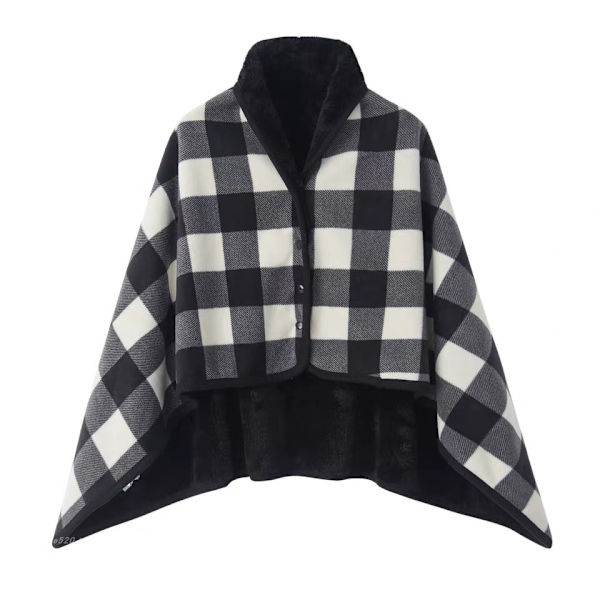Kvinnors Multiway Rutig Poncho Sjal Wrap Fleece Bärbar Filt Ultra Mjuk Sherpa Flanell Cape（Svart Vit） black white