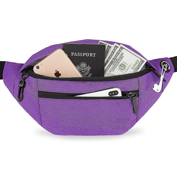Crossbody bältesväska med stor kapacitet 4 fickor med dragkedjor för träningslöpning - lila Purple