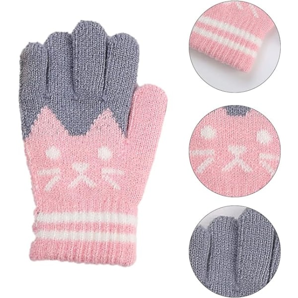 Söt katt sammetsvaddade mjuka handskar Utomhusskola Varmstickad Stretch-allfingervante för pojkar och flickor i åldrarna 3-8 (svart rosa)