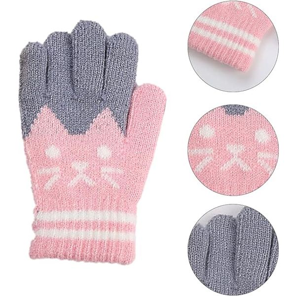 Söta kattvantar i sammet, mjuka och varma, för utomhusbruk, skola, stickade, stretchiga, helfingervantar för pojkar och flickor i åldrarna 3-8 (svart rosa)
