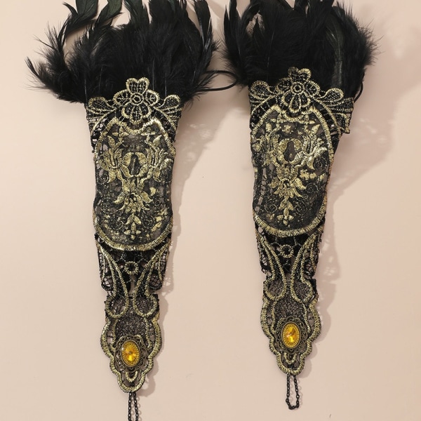 Svarta långa fjäderhandskar Kostym Kvinnor Påskklänning Fingerless Lace Long Gloves