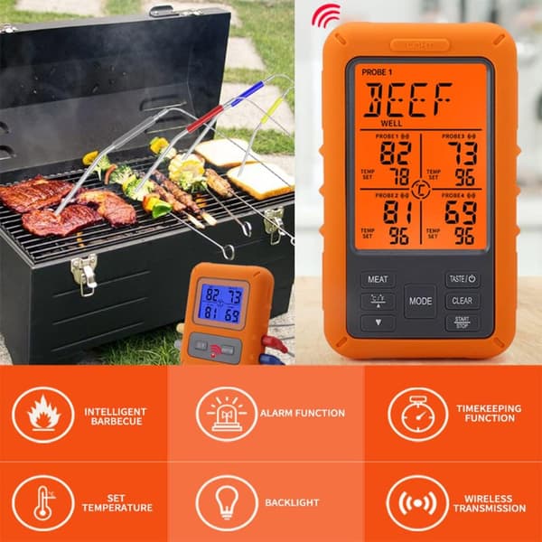 Trådlös kötttermometer med 4 prober 100m lång räckvidd LCD-bakgrundsbelysning nedräkningstimer