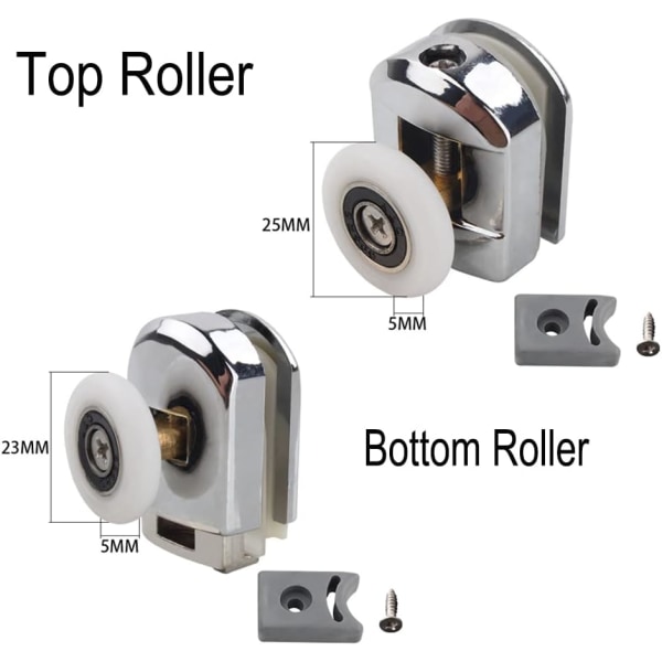 25 mm duschdörrrullar för böjda glasdörrar 4-6 mm, glashål 12-14 mm, 4-pack glidhjul 25mm