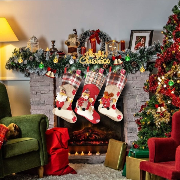 Strumpor för barn, 3-pack 18\" personliga strumpor julgransdekoration presentpåse med tema tomte, snögubbe, ren