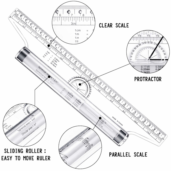 2 st plastmätrullar, ritrull, parallell linjal, multifunktionell ritningsdesign linjal för mätning, ritning (12 tum)