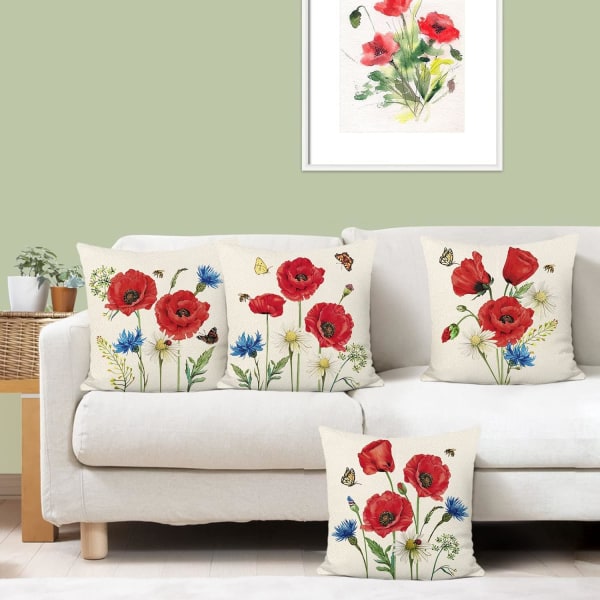 45 x 45 cm Vallmo Blomm Dekorativ Kuddfodral Polyester Linne Kuddfodral för Soffa Soffa Sovrum Inomhus Utomhus Dekor Set om 4