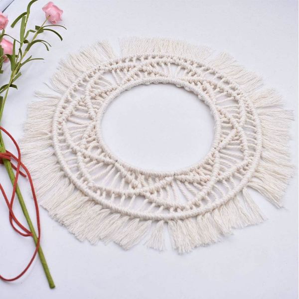 Boho väggdekoration, rund macraméväggdekoration, bohemisk väggbonad för vardagsrum (beige)