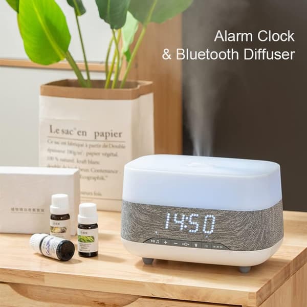 Eterisk oljediffusor och luftfuktare med högtalarklocka, elektrisk kall dimma aromaterapi för kontor, hem, sovrum, barnrum