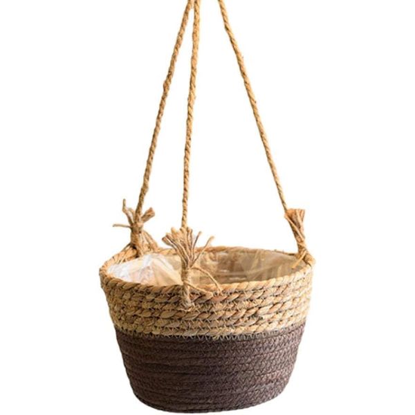Hängande blomkruka, blomkorg i jute, korg i rotting, blomkruka, kaffe coffee