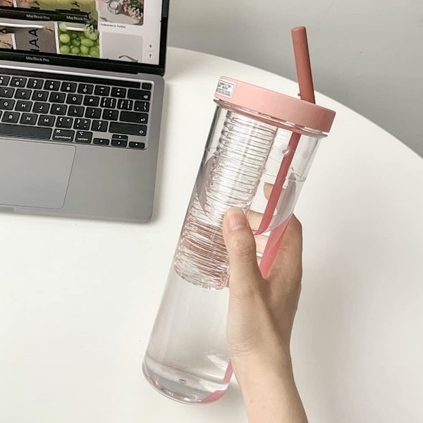 Drickkopp med sugrör och lock, resmugg för lemonad, smoothie och juice, återanvändbar 703 ml plast (rosa) Pink