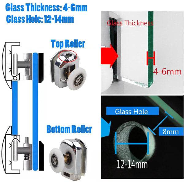 25 mm duschdörrrullar för böjda glasdörrar 4-6 mm, glashål 12-14 mm, 4-pack glidhjul 25mm