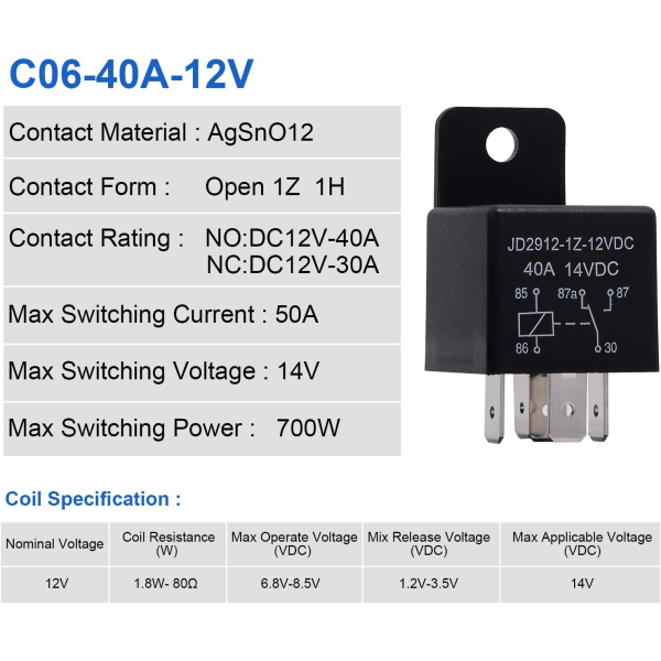 12V Motorrelä 5-stiftsspole 40amp Spdt Modellnr: JD2912-1Z-12VDC 40A 14VDC, Power, Autoomkopplare & Starter, 2 st.