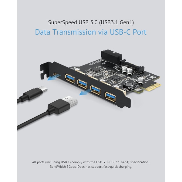 PCI-E till USB 3.0-kort 4 typ A och 1 typ C USB 3.0 5-portars, USB 3.1 Gen1 PCI Express-kort Bandbredd upp till 5,0 Gbps