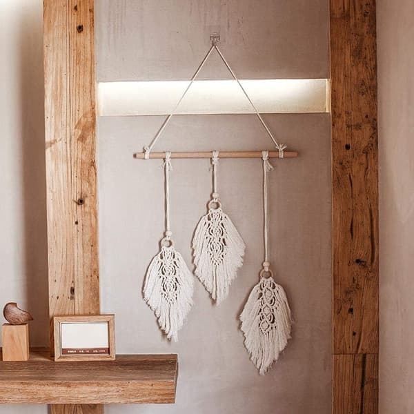 Macrame väggdekoration i trä, boho-väggbonad, geometrisk konst