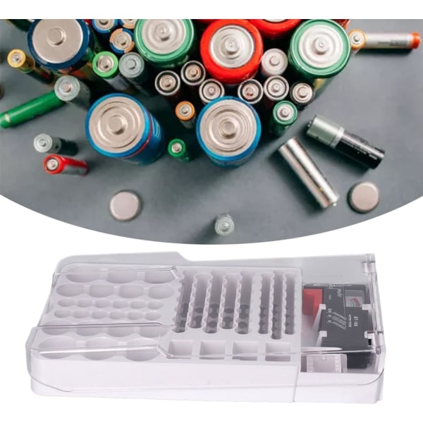 Battery Organizer Box med Tester, Batteri Organizer Case Hållare med genomskinligt lock, Rymmer 93 batterier, Vit
