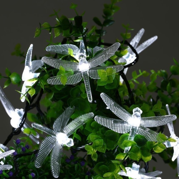 Dragonfly Lights, 20FT/6.5M 30 LED Solar String Lights med 2 lägen Lampor Vattentäta för utomhus, trädgård, juldekorationer, vit