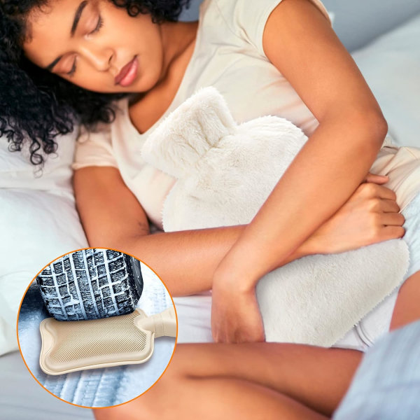 Varmvattenflaska med mjukt fluffigt överdrag för att lindra smärta 2 L (vit)
