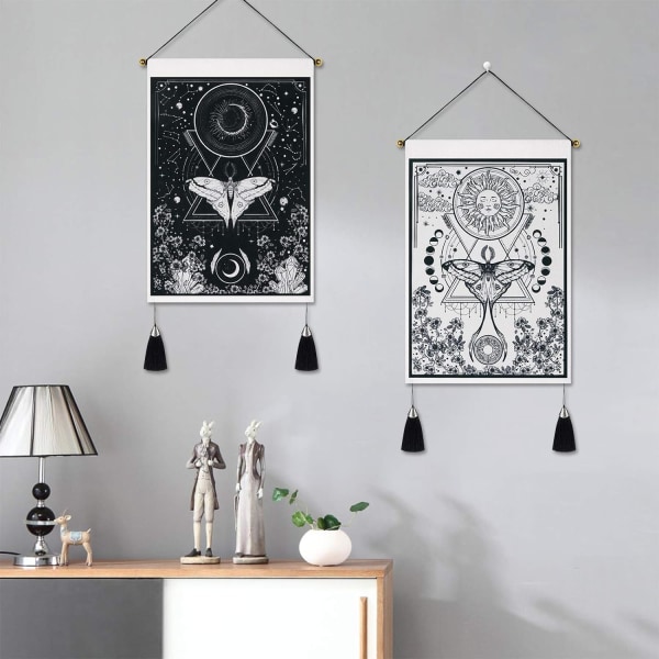 Små gobelänger med tofsar, måne och sol fjäril mal tarot gobeläng väggbonad, 35 x 50 cm 2-pack