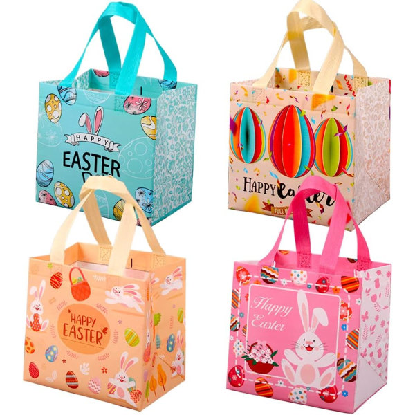 Påskväskor med handtag, ovävd återanvändbar presentpåse Bunny Easter Egg Hunt Party Treat Bag (4-pack)