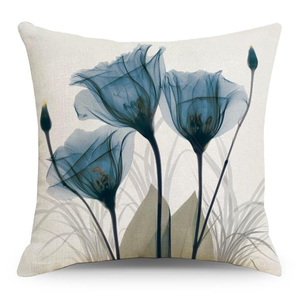 Set om 4 kuddfodral 18x18in Blå Blom Linne Modern Konst Dekorativa Örngott 45 x 45cm för Vardagsrum Soffa Utomhus Örngott