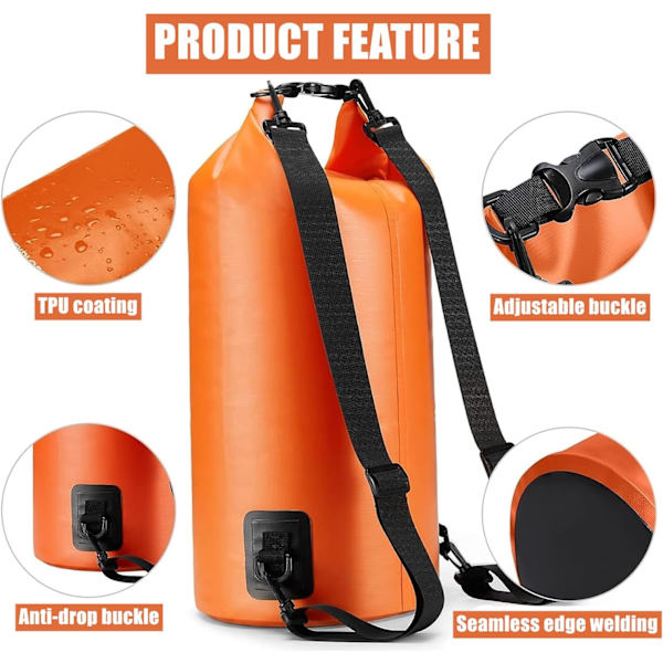 Vattentät torrsäck, 20L PVC torrsäcksryggsäck 100 % vattentät väska med justerbar dubbel axelrem (orange)