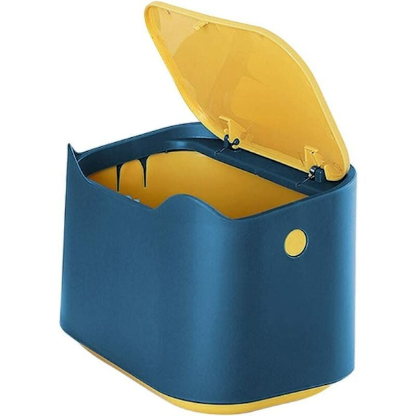Mini snygg plastköksbords papperskorg med knapplock, tryck på toppen kök papperskorg papperskorg skrivbords papperskorg 2L (blå)
