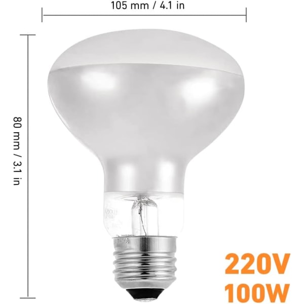 Reptilvärmelampa, 2-pack 100W baskvärmelampa för reptiler, E27 vita infraröda värmelampor, 220V