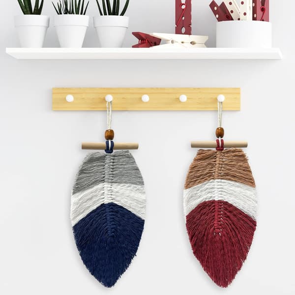 Boho bladväggdekor, 2 stycken tofsar Macrame vägg hängande fjäderblad, vävda bomullsvägg Boho dekor prydnad med träpärlor
