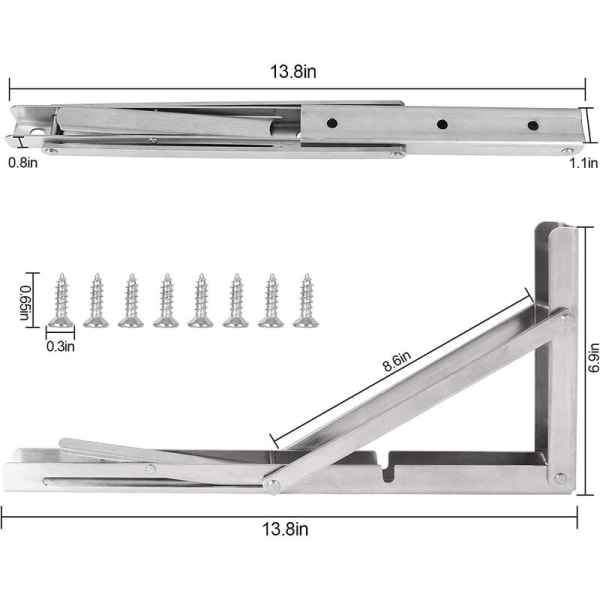 350 mm fällbar ram i rostfritt stål för bord, bänkar och hyllor, maximal belastning: 180 kg (2 st med fästskruvar)