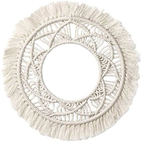 Boho väggdekoration, rund macraméväggdekoration, bohemisk väggbonad för vardagsrum (beige)