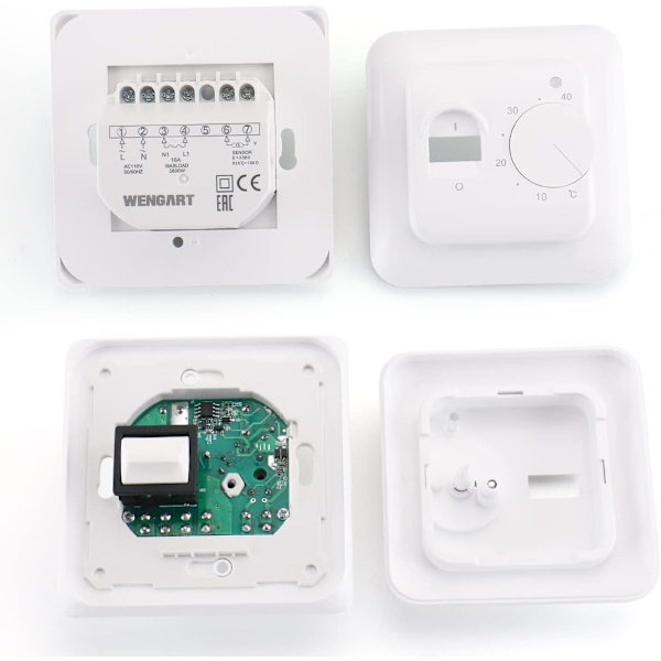 Mekanisk rums termostat WG01, AC230V 16A för elektriska värmeelement med golvsensor sond vit