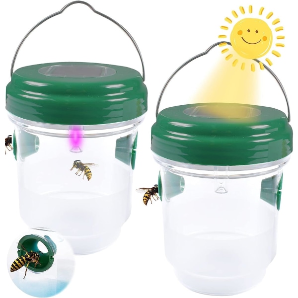 2-pack solfångare getingfälla, hängande insektsfälla med LED-ljus, återanvändbar bifälla solenergidriven getingdödare