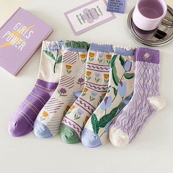5 par dam vintage blommiga bomullssockor mönstrade klänningssockor damer broderade casual crew ankelsockor