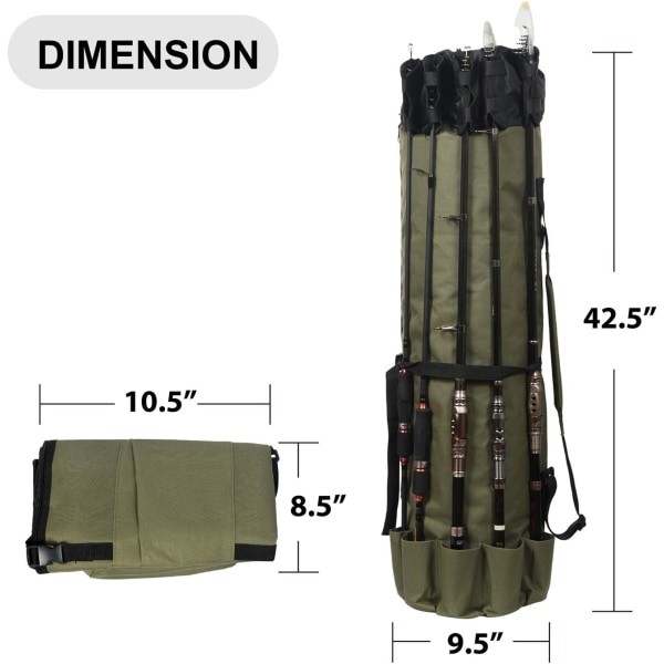 Bärbar fiskespöväska Slitstark hopfällbar fiskespöväska rymmer 5 spön (militärgrön)