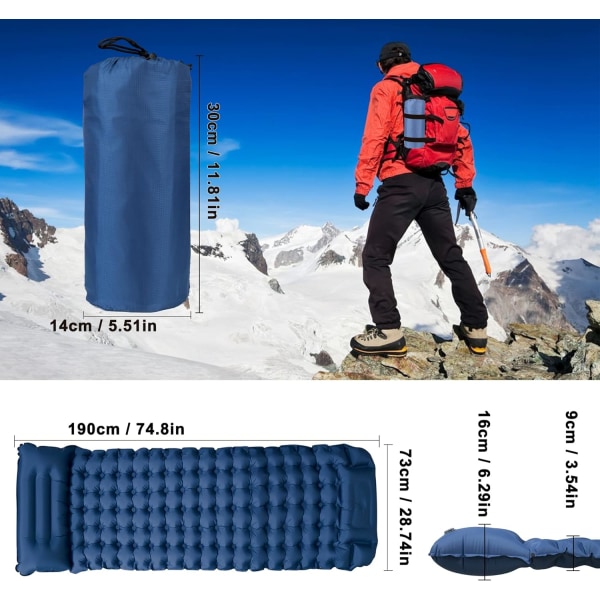 Campingmadrass Enkel, Campingmadrass Självuppblåsande 10 cm tjock med kudde, självuppblåsande（marinblå） Navy blue