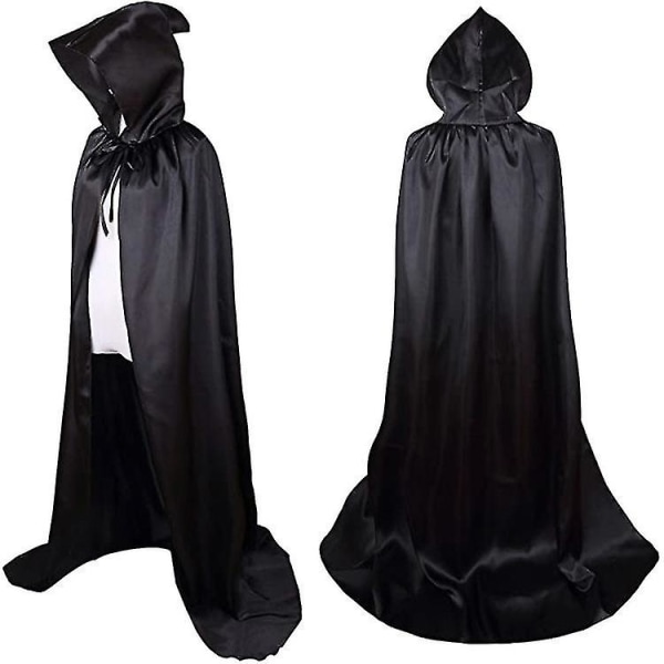 Halloween-kappa för barn vuxen mantel i satintyg stående cap svart dödsmantel (67tum) 67inch