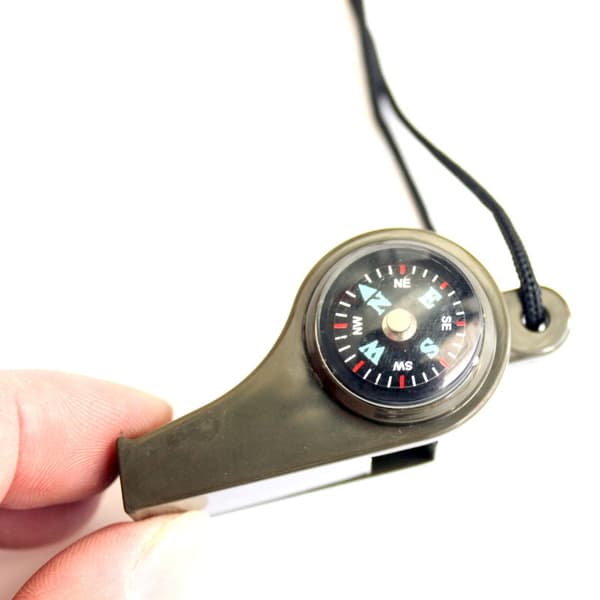 Praktisk 3 i 1 överlevnadsvisselpipa, kompass, termometer mörkgrön