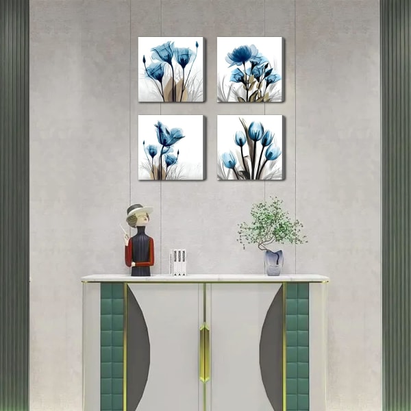 Blå Canvas Väggkonst för Vardagsrum Modern Blommig Inramad Badrum Vägg Set om 4