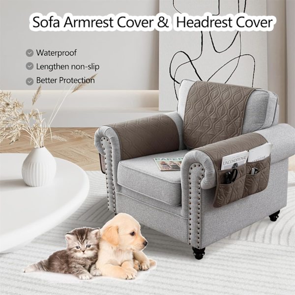 Soffa Armstödsskydd, Anti-Slip Huvudstödsöverdrag Förlängd Soffa Armstöd Förvaringsorganisatör med Fickor Quiltad Möbelskydd (Taupe, 1 Säte, 3 Stycken)