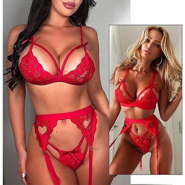 Kvinnors blommiga spetsunderkläder set teddy babydoll nattkläder kostym（röd,XL） Red xl