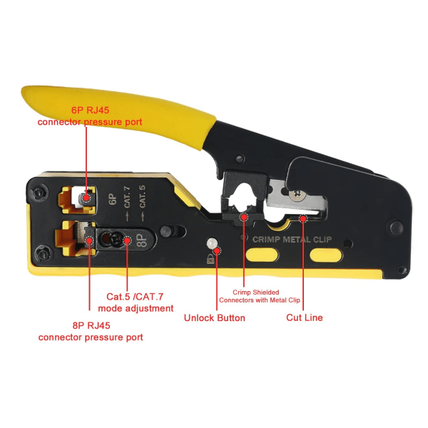 Pass-through RJ45 Crimp Tool/Wire Cutter för RJ11/RJ12 Standard, RJ45 Pass-Thru-kontakter (gul trådavisolering)