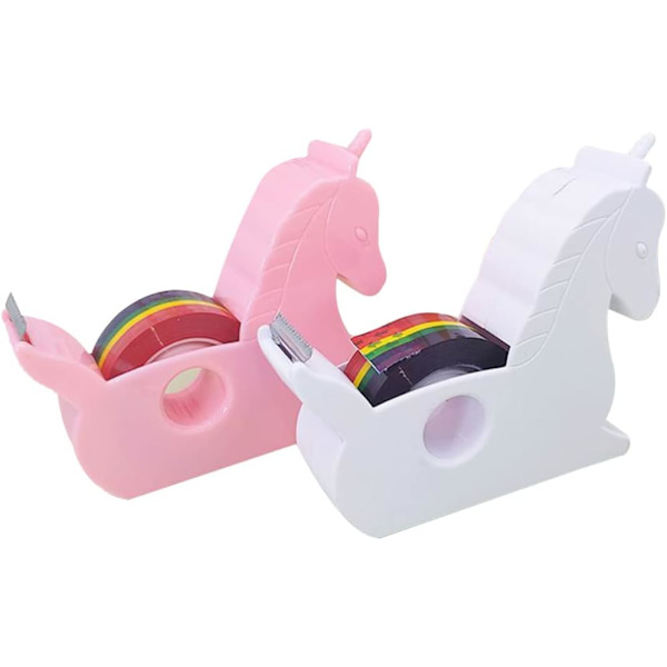 2-pack tejpdispenser, tecknad tejpdispenser, enhörningsform, regnbågstejpskärare, washi-tejphållare, skrivbordspappershållare, slumpmässiga färger