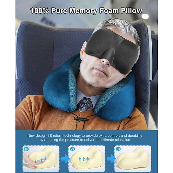 Resepudde + Sovpudde + Öronproppar + Handväska, Ullöverdrag, Tvättbar | Premium Memory Foam Nackkudde