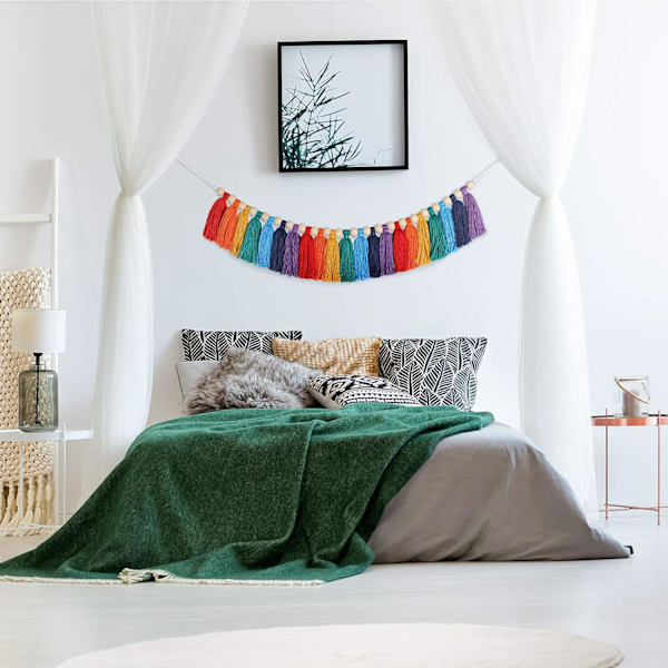 82 tums regnbågs tofs girland klassrumsdekoration Boho tofs girland vägghängande färgglad tofs banner med träpärlor för födelsedagsfest