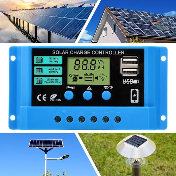 30A solcellsladdningsregulator, 12V/24V solpanelbatteriregulator med dubbel USB-port och LCD-display lämplig